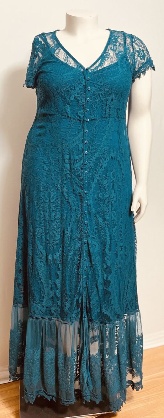 Torrid NWOT Teal Peacock Floral Lace Maxi Duster Dress Button Front Plus Size 1